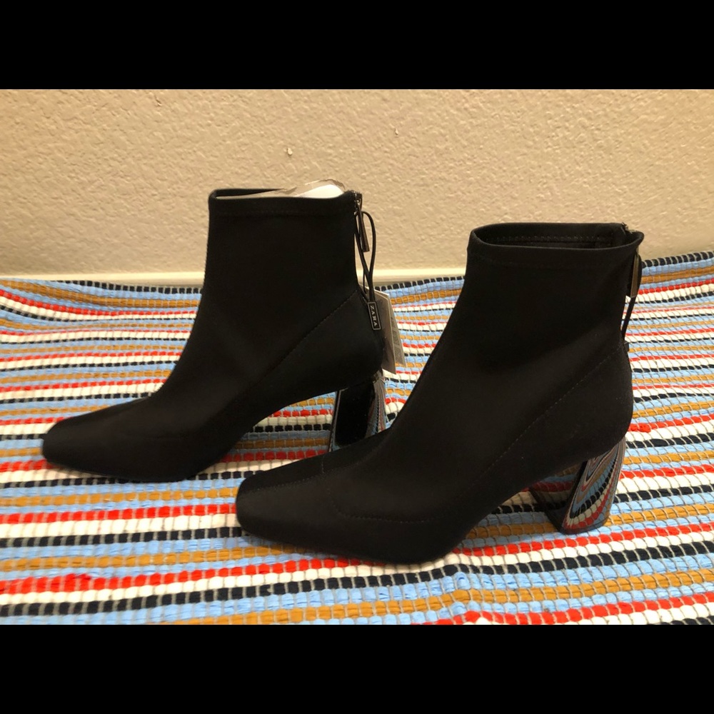 ZARA Black Soft Ankle-Boots with Black-Chrome Heel